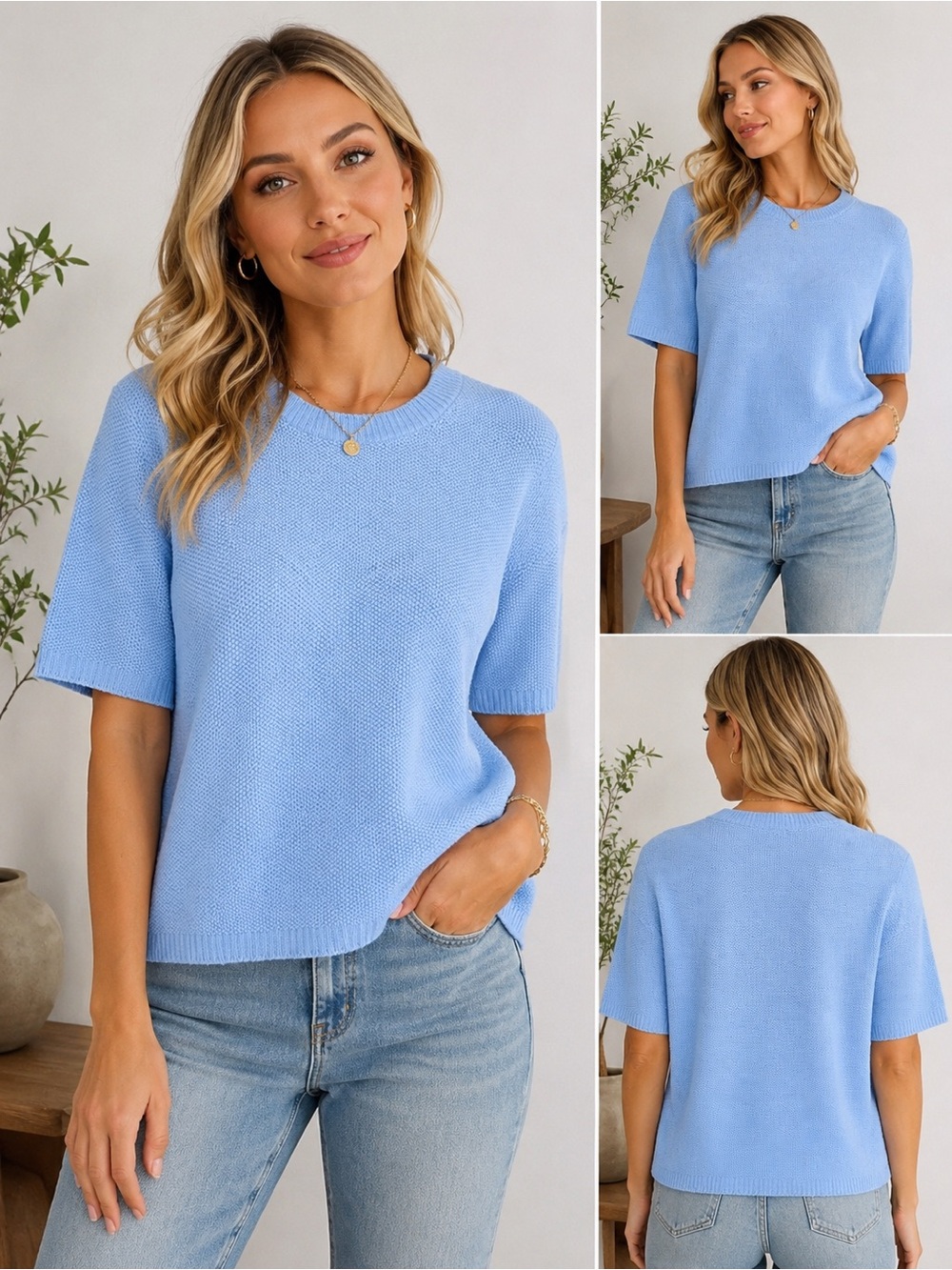 Bianco & Blu Italy Merino Wool Cashmere Blend Short Sleeve Sweater Light Blue M